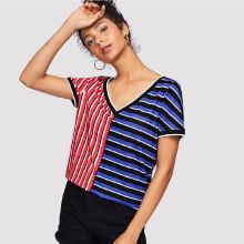 Shein Two Tone Striped V Neck Tee