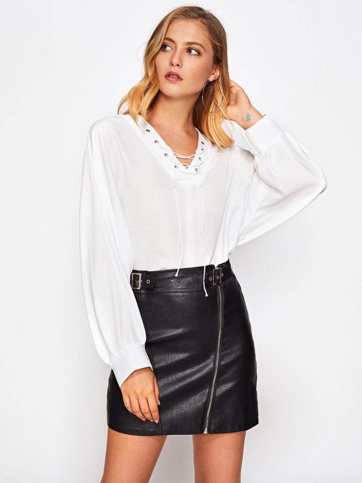 Shein Eyelet Lace Up Split Side Dip Hem Blouse