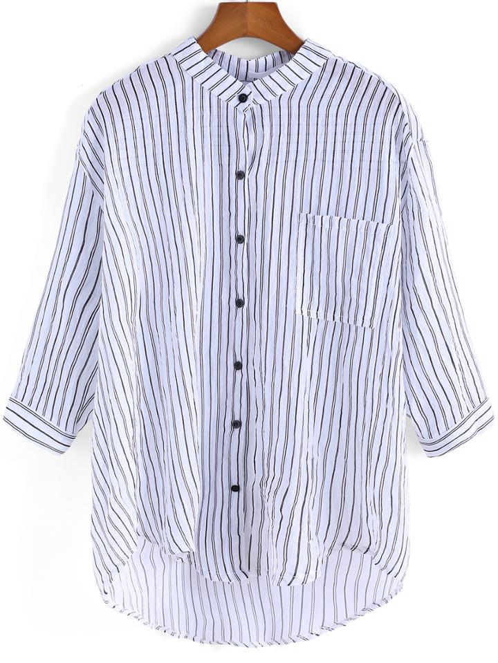 Shein Black White Vertical Stripe Pocket Blouse