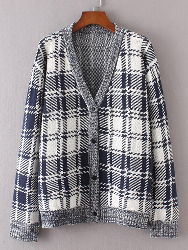 Shein Ribbed Trim Button Up Gingham Sweater