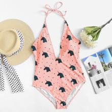 Shein Unicorn Print Plunge Halterneck Swimsuit