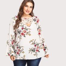 Shein Plus Botanical Print Criss Cross Front Blouse