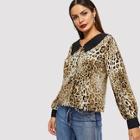 Shein Contrast Collar And Cuff Leopard Blouse