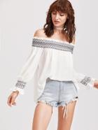 Shein White Off The Shoulder Embroidered Ruffle Top