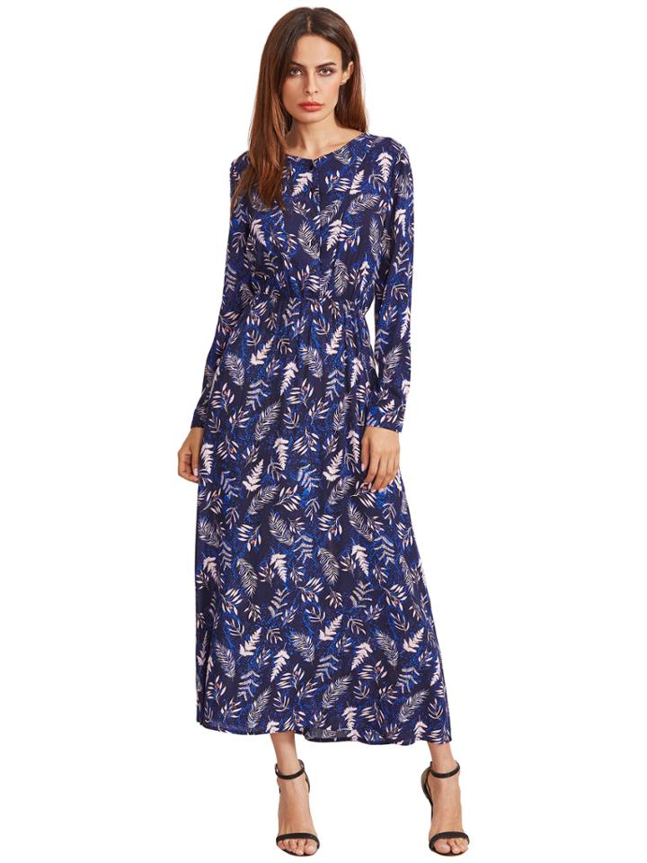 Shein Navy Blossom Print Buttoned Front Dress