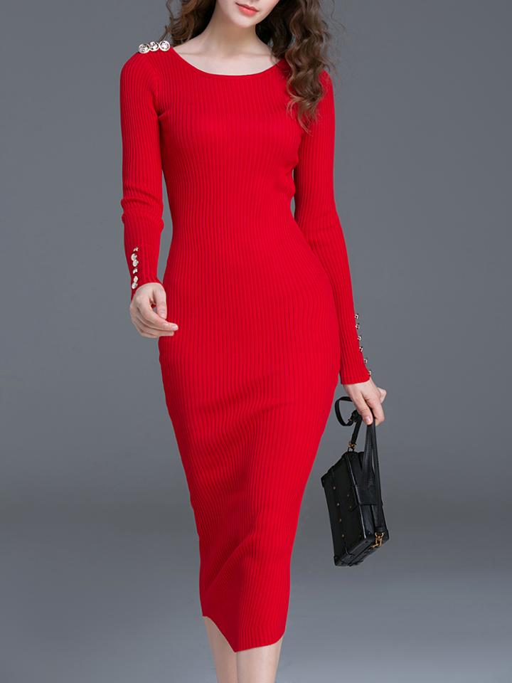 Shein Red Crew Neck Knit Sheath Dress