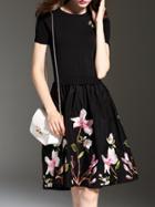 Shein Black Knit Flowers Embroidered A-line Combo Dress
