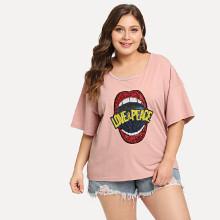 Shein Plus Sequin Red Lip And Letter Front Tee