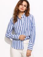 Shein Blue Vertical Striped Roll Sleeve Blouse