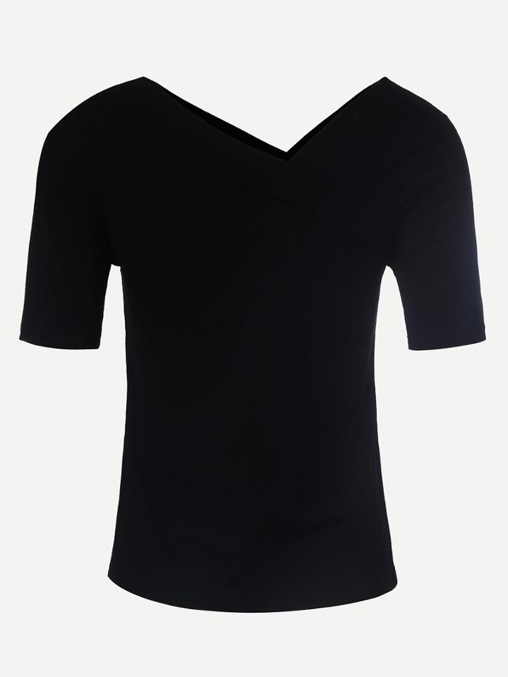 Shein Black Asymmetric V-neck T-shirt