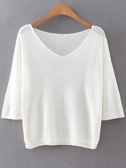 Shein White V Neck Ribbed Trim Knitwear