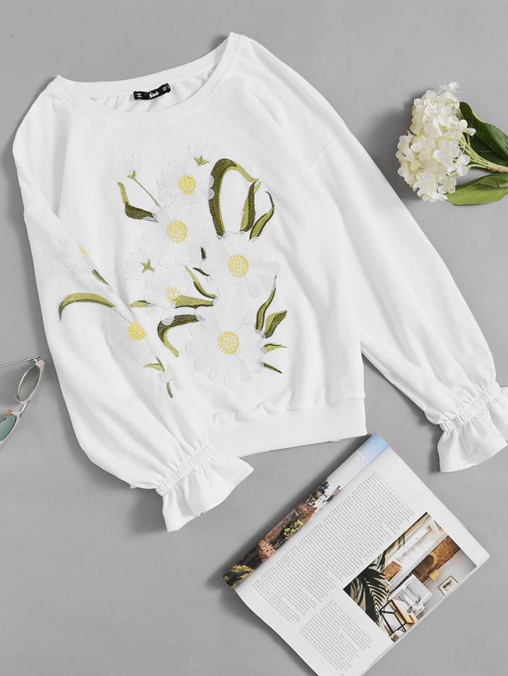 Shein Flower Embroidered Drop Shoulder Ruffle Cuff Sweatshirt