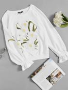 Shein Flower Embroidered Drop Shoulder Ruffle Cuff Sweatshirt