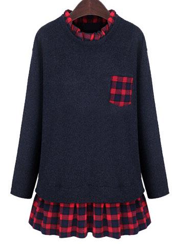 Shein Navy Red Frill Neck Plaid Pocket Plus Knitwear