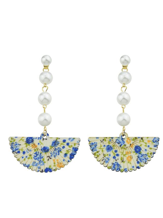 Shein Blue Pearl Hanging Pattern Wood Sector Drop Earrings