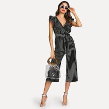 Shein Vertical Stripe Ruffle Detail Wrap Jumpsuit