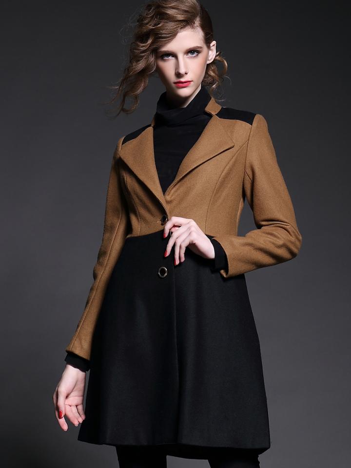 Shein Camel Black V Neck Long Sleeve Coat