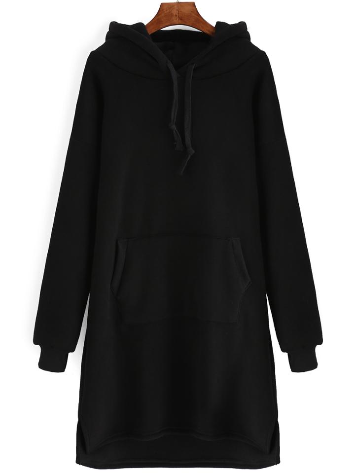 Shein Black Drawstring Hooded Sweatshirt Dress