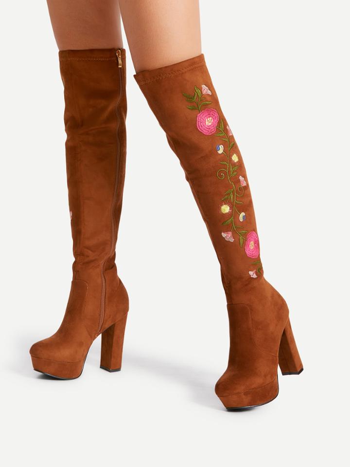 Shein Flower Embroidery Block Heeled Thigh High Boots