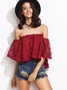 Shein Burgundy Off The Shoulder Applique Mesh Top