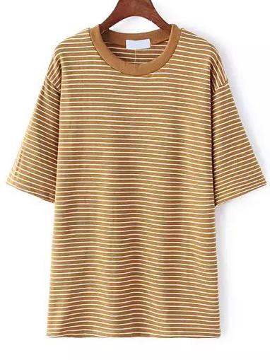 Shein Khaki Crew Neck Striped Loose T-shirt