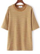 Shein Khaki Crew Neck Striped Loose T-shirt