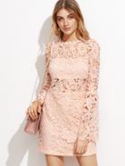 Shein Pink Hollow Out Embroidered Lace Overlay Dress