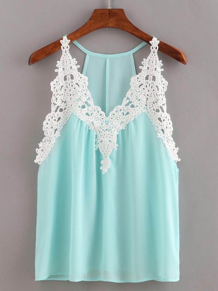 Shein Lace Insert Sleeveless Light Blue Chiffon Top