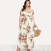 Shein Plus Flounce Trim Shirred Waist Floral Dress