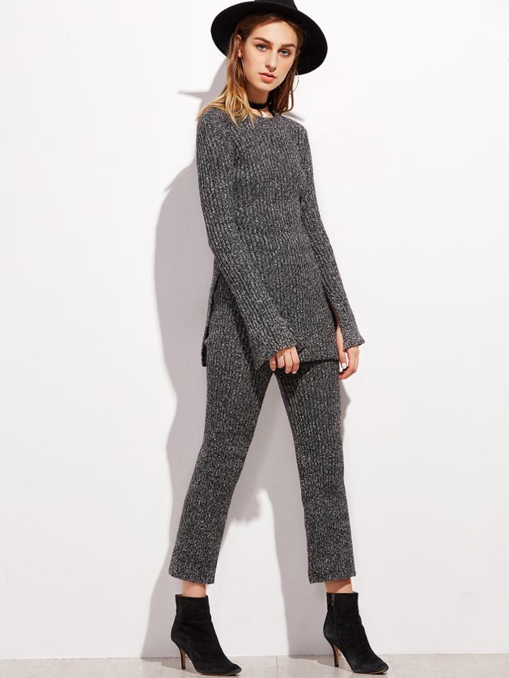 Shein Dark Grey Slit Side Ribbed Sweater With Pants