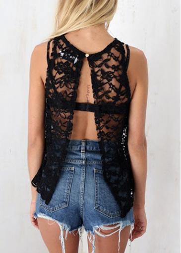 Rosewe Black Lace Crochet Open Back Tank Top