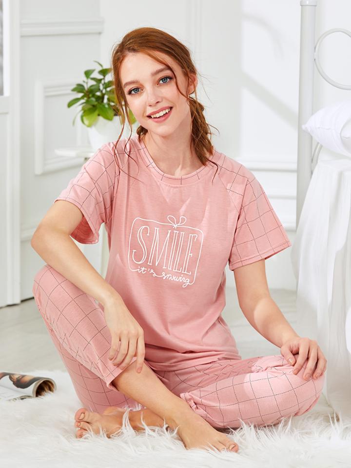Shein Letter Print Tee & Grid Print Pants Pj Set