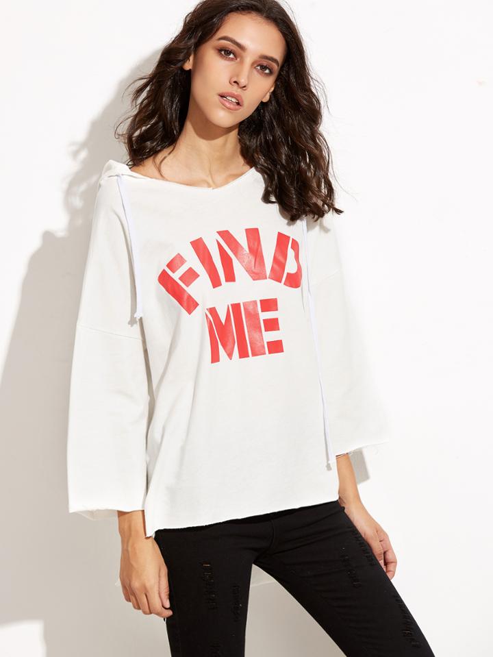 Shein White Letter Print Dip Hem Hooded Sweatshirt