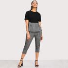 Shein Plus Contrast Striped Hem Top With Cuffed Pants