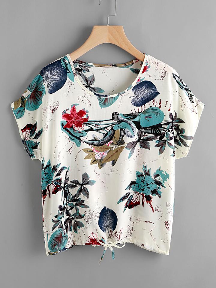 Shein Jungle Print Dolman Sleeve Drawstring Top
