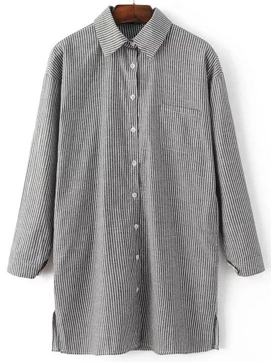 Shein Black Vertical Striped Letter Print Back Split Side Long Blouse