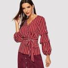 Shein Waist Belted Wrap V-neck Striped Top
