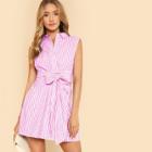 Shein Sleeveless Striped Shirt Dress With Belt