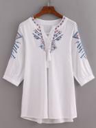 Shein Tassel Lace-up Neck Embroidered Blouse - White