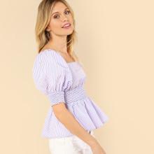Shein Shirred Cuff & Waist Striped Bardot Top