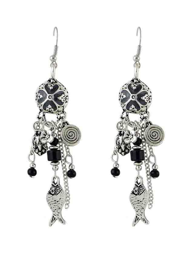 Shein Black Tibetan Design Enamel Flower Beads Fish Shape Chandelier Earrings