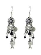 Shein Black Tibetan Design Enamel Flower Beads Fish Shape Chandelier Earrings