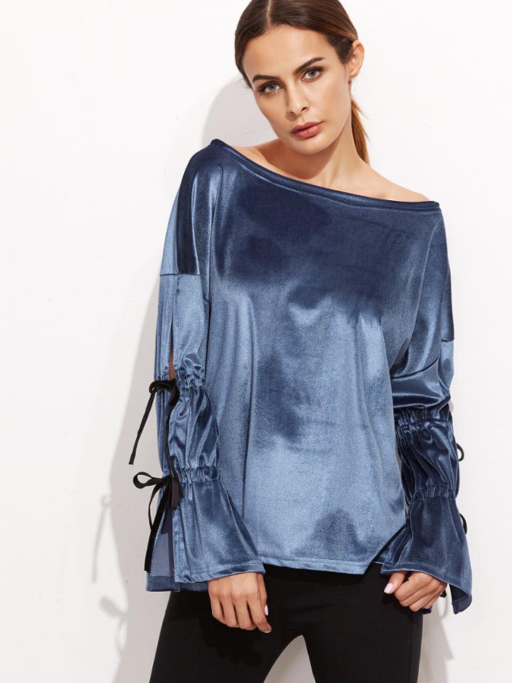 Shein Blue Boat Neck Split Sleeve Bow Tie Velvet T-shirt