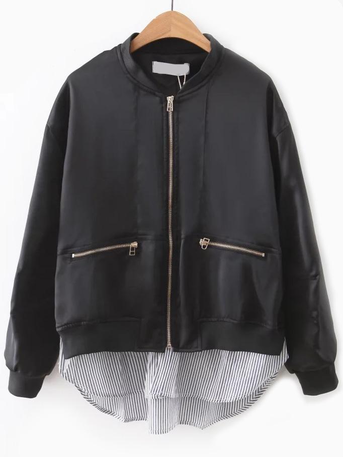 Shein Black Contrast Hem Zipper Pocket Flight Jacket