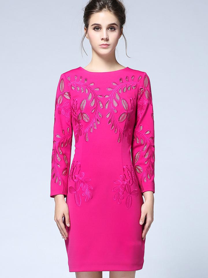 Shein Rose Red Round Neck Long Sleeve Hollow Embroidered Dress