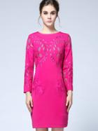Shein Rose Red Round Neck Long Sleeve Hollow Embroidered Dress