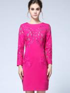 Shein Rose Red Round Neck Long Sleeve Hollow Embroidered Dress