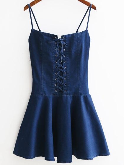 Shein Eyelet Lace Up Front Zipper Side Denim Cami Dress