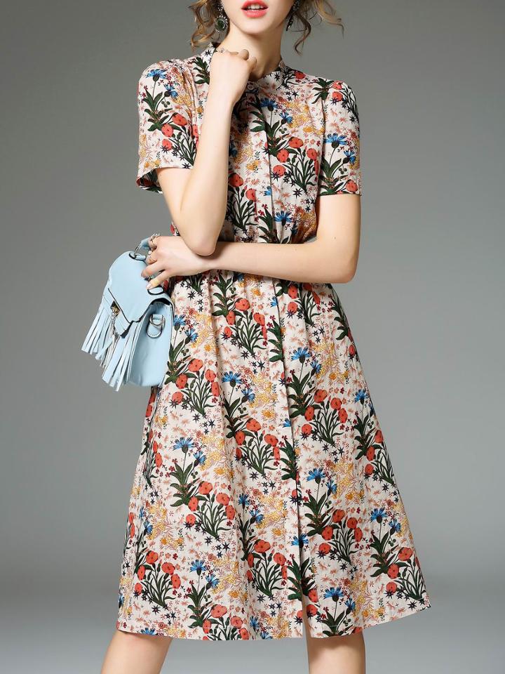 Shein Apricot Crew Neck Pockets A-line Dress