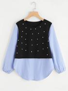 Shein Contrast Striped Pearl Beaded Sweatshirt
